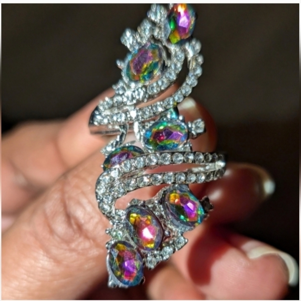Elegant Silver Multicolor Gemstone Ring Sz 8